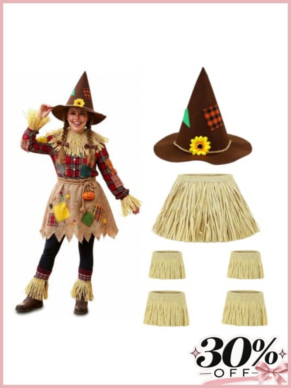 Scarecrow Costume Accessory Set Felt Hat Straw Cuffs Halloween Cosplay